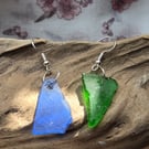 Blue and Green earrings, triangular blue and green earrings, one blue one green 