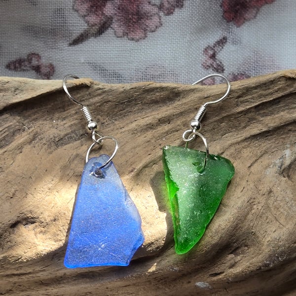 Blue and Green earrings, triangular blue and green earrings, one blue one green 
