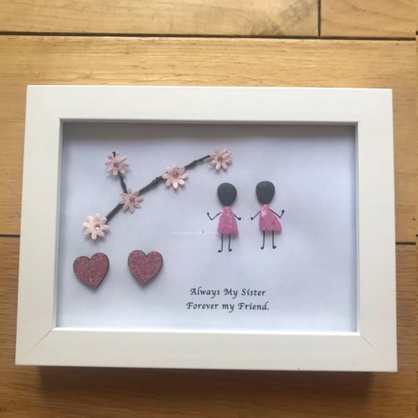 Sisters Pebble Artwork Frame, Sister Gift, Family Box Frame, Pebble Artwork Fram