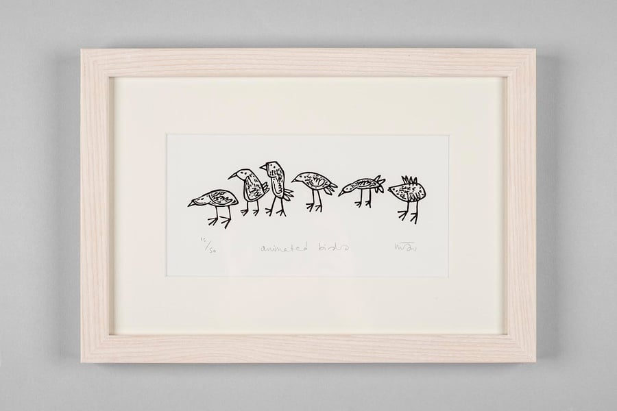 Animated Birds - Lino Print - Bird Art, Lino cut, 