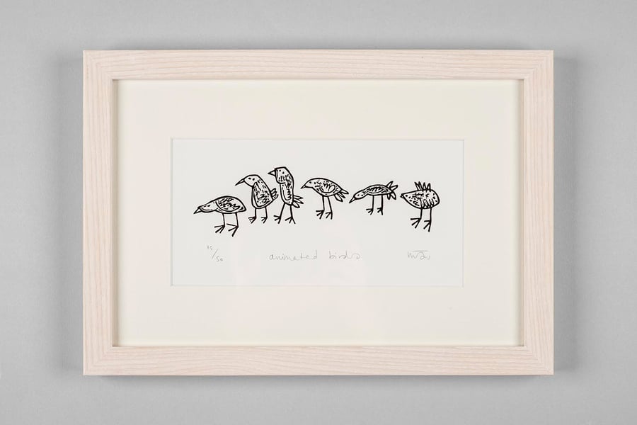 Animated Birds - Lino Print - Bird Art, Lino cut, 