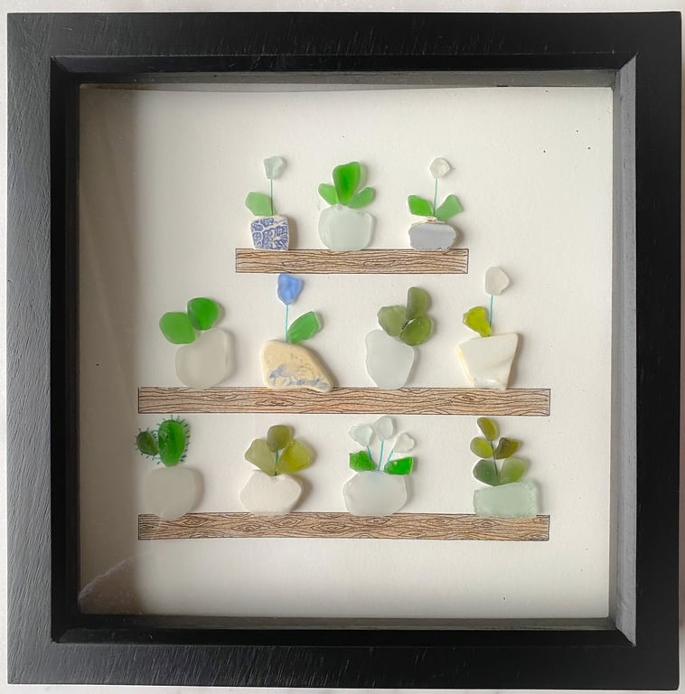 SALE Framed plant pot art made with Cornwall sea glass and pottery 