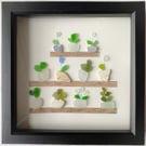 Framed plant pot art made with Cornwall sea glass and pottery 