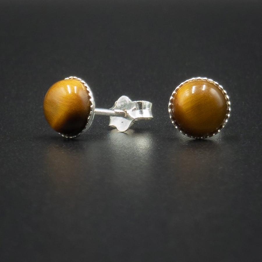 Tiger eye sterling silver stud earrings, Capricorn jewellery