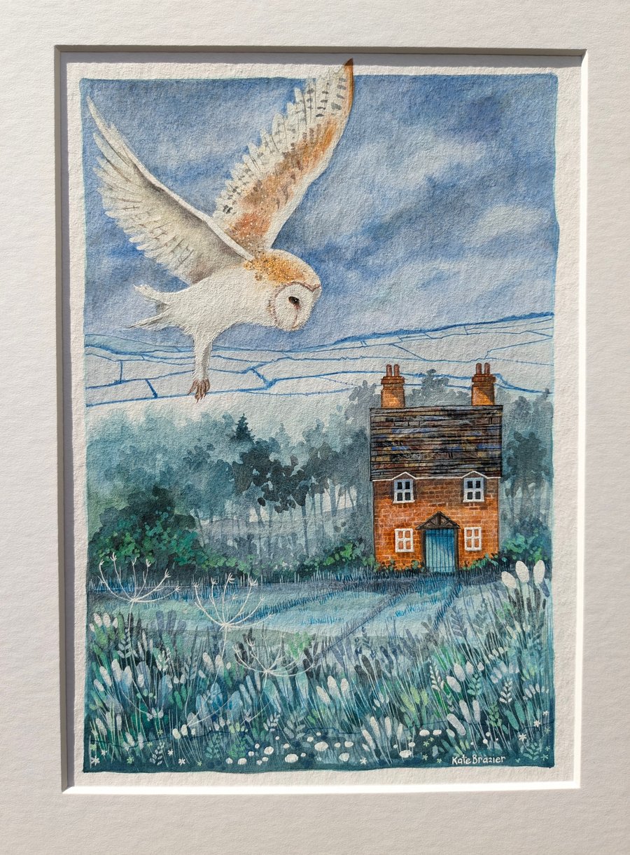Owl Cottage - Original Mixed media painting on Hahnemuhle paper. Framed