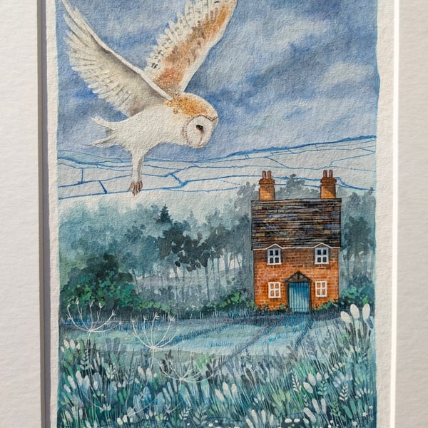 Owl Cottage - Original Mixed media painting on Hahnemuhle paper. Mounted