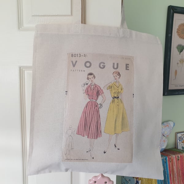 Sewing Pattern Print Cotton Tote, Vintage Vogue