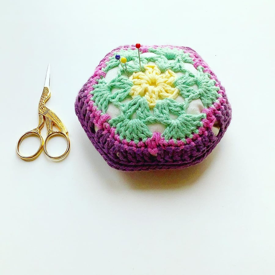Crochet pincushion, African flower pincushion, organic cotton