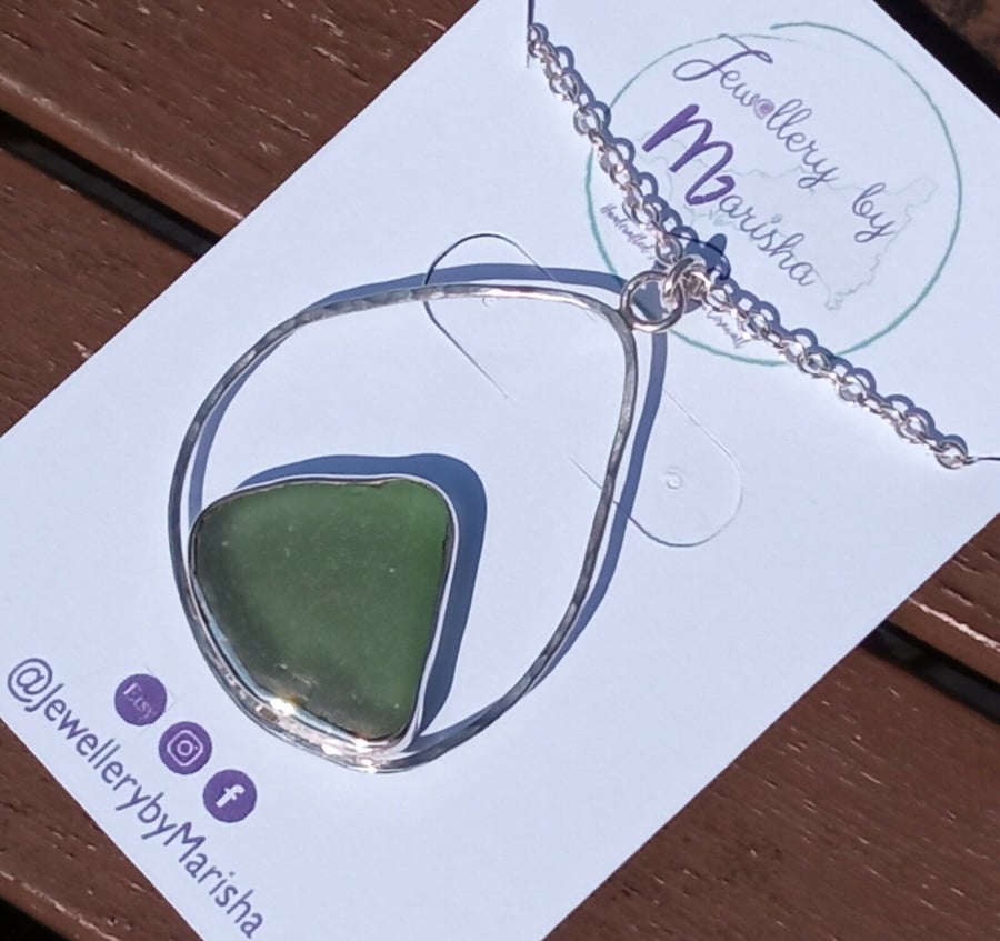 Fine Silver and Recycled Silver Lime Green Cornish Seaglass Necklace