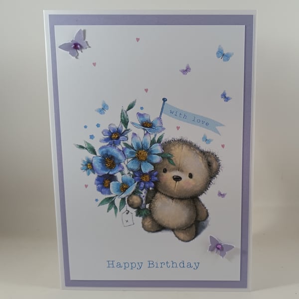 Birthday card - cute bear with flower bouquet
