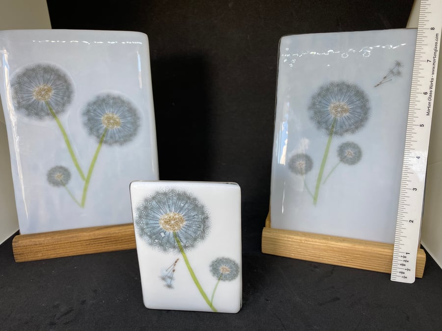 Dandelion tall fused glass display in handmade stand