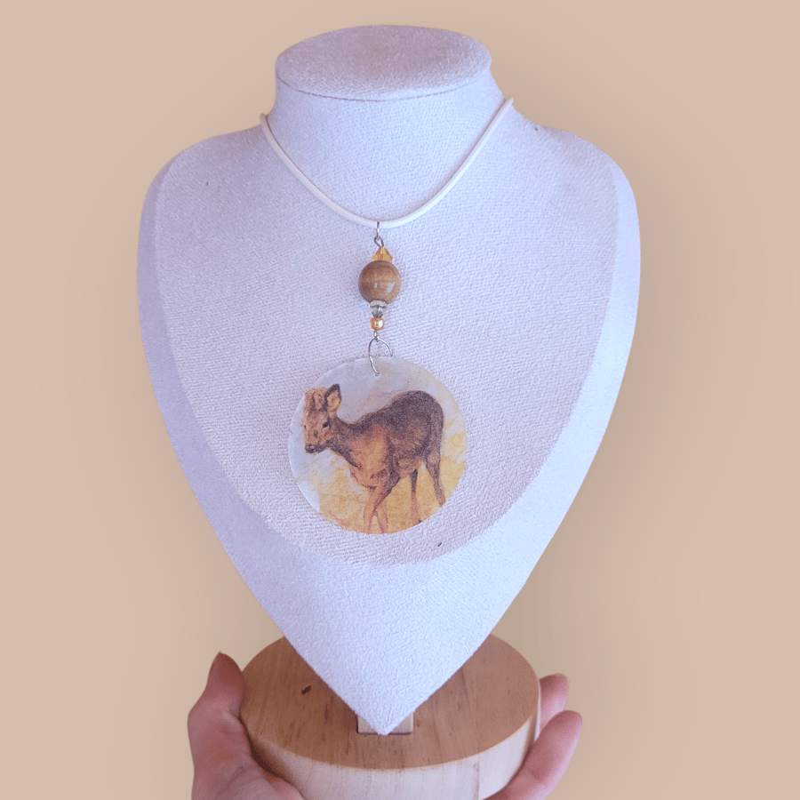 Deer Decoupage Pendant Necklace 
