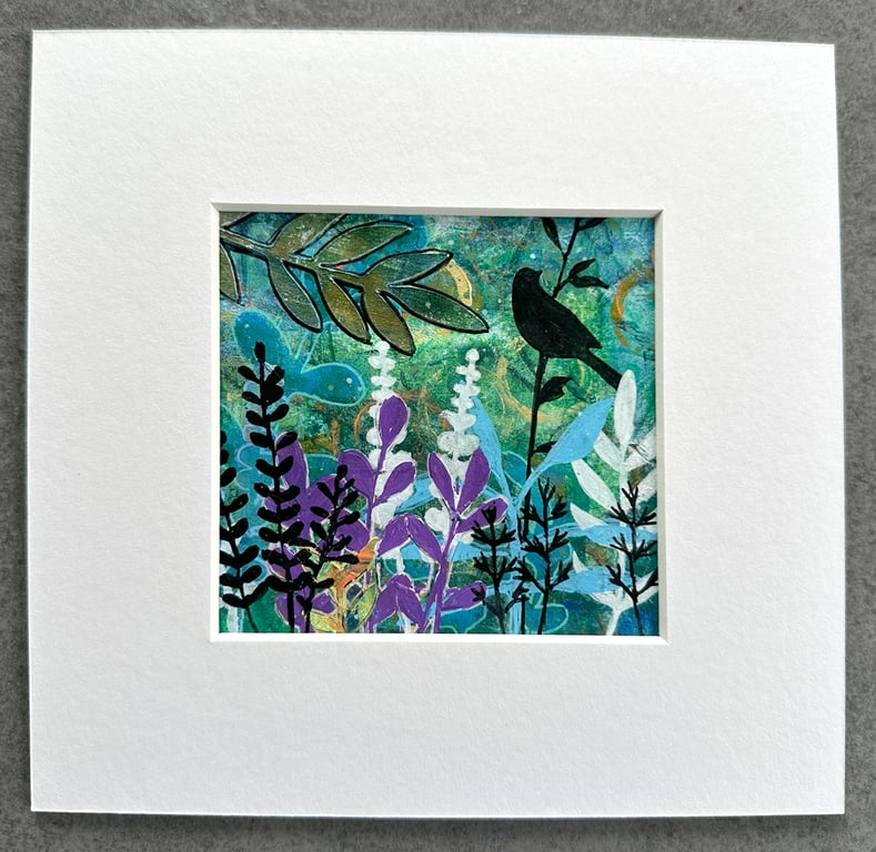 Midnight Garden - Original Mixed Media Bird & Botanical Artwork