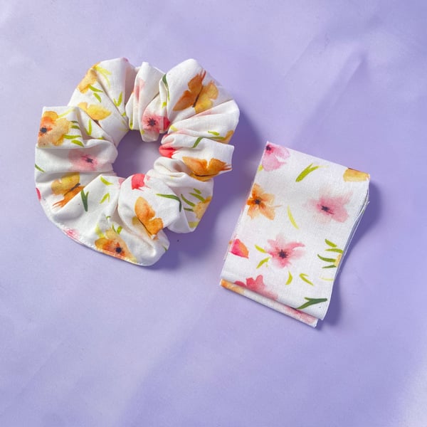 White Cotton Watercolour Flower Print Scrunchie
