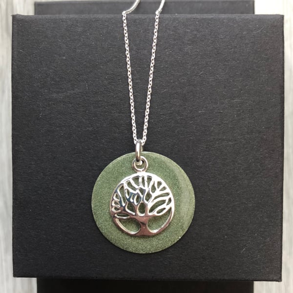 Sale now 12.00 - Olive Enamel Disc Sterling Silver Tree Of Life necklace