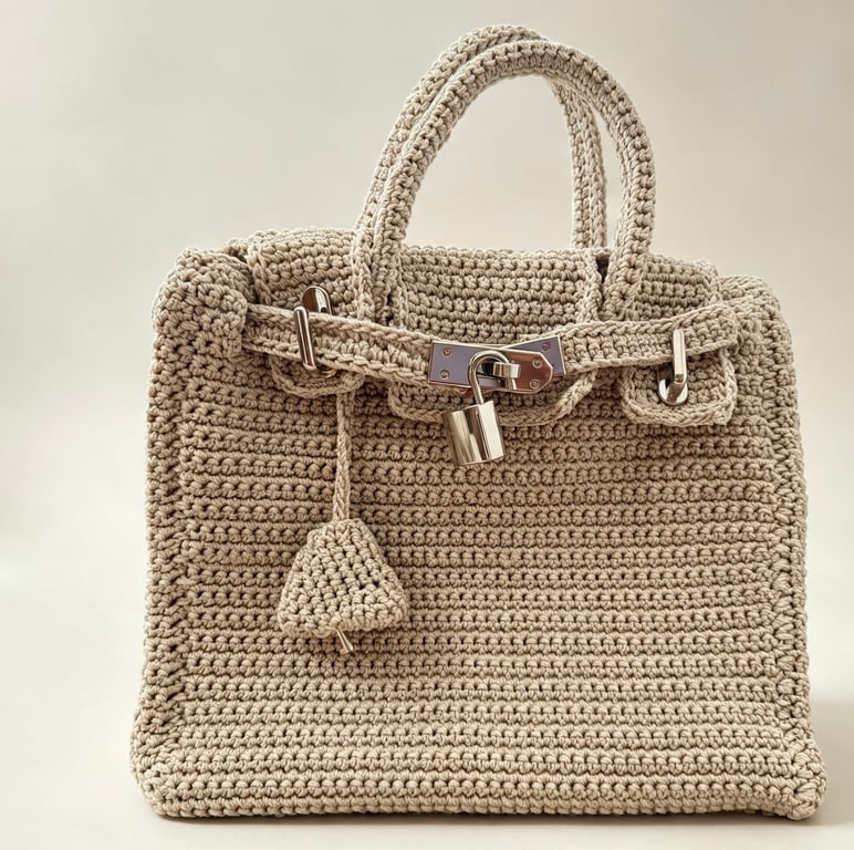 Handmade Birkin Crochet bag with silver hardware and key and lock 