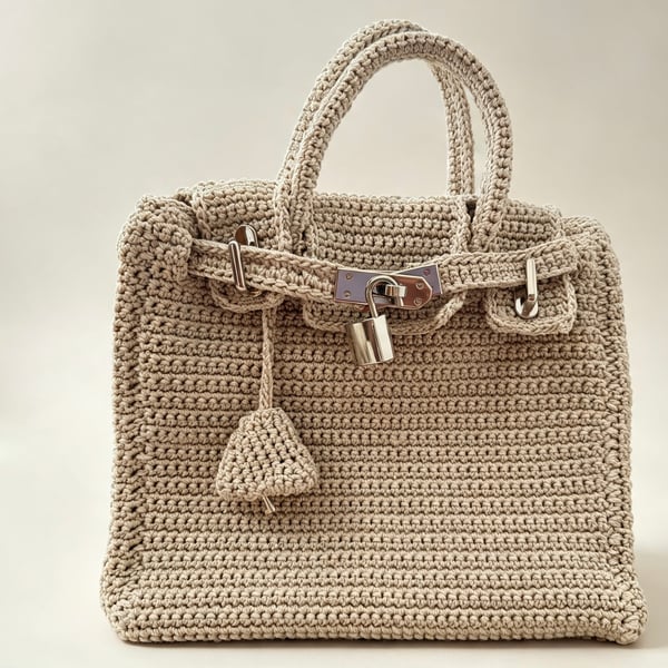 Handmade Birkin Crochet bag with silver hardware and key and lock 