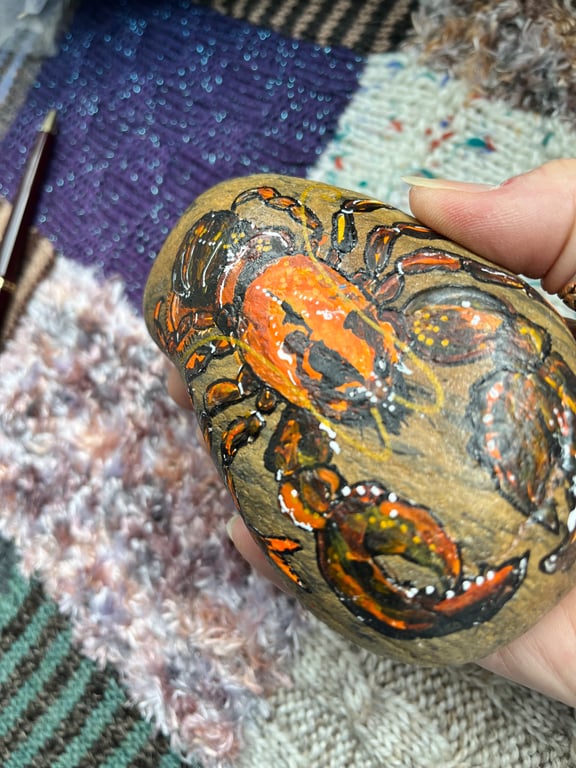 Orange and brown Calico  Lobster hand painted and varnished paper weight stone 