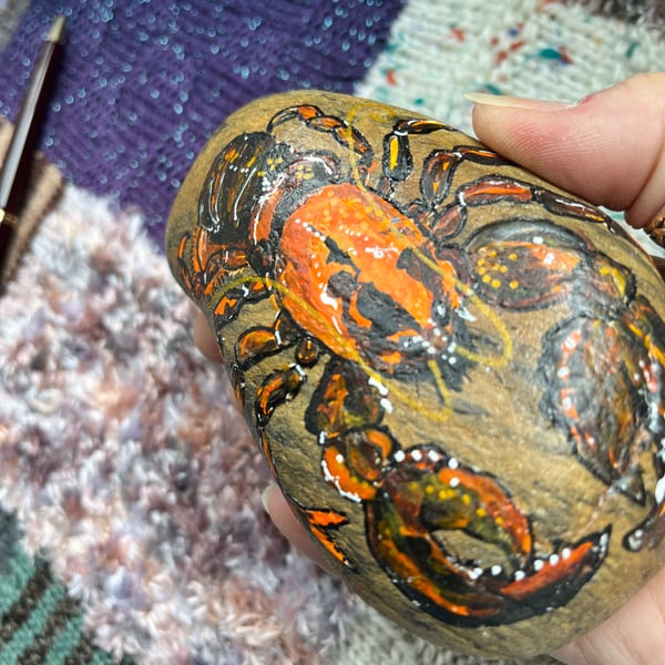 Orange and brown Calico  Lobster hand painted and varnished paper weight stone 