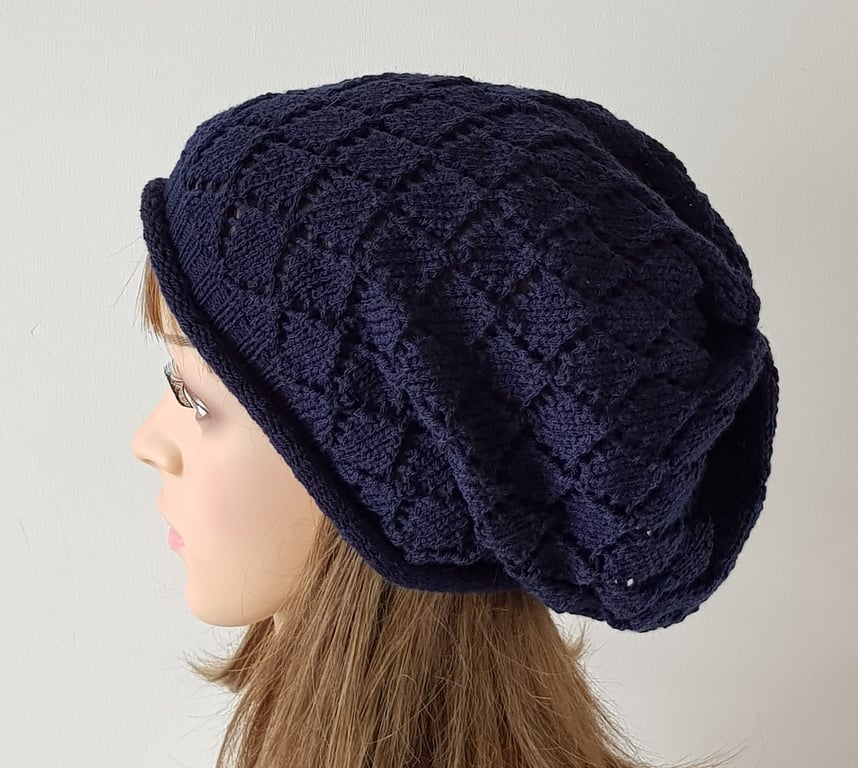 Handmade navy blue beret, fall tam for women, slouchy beanie hat
