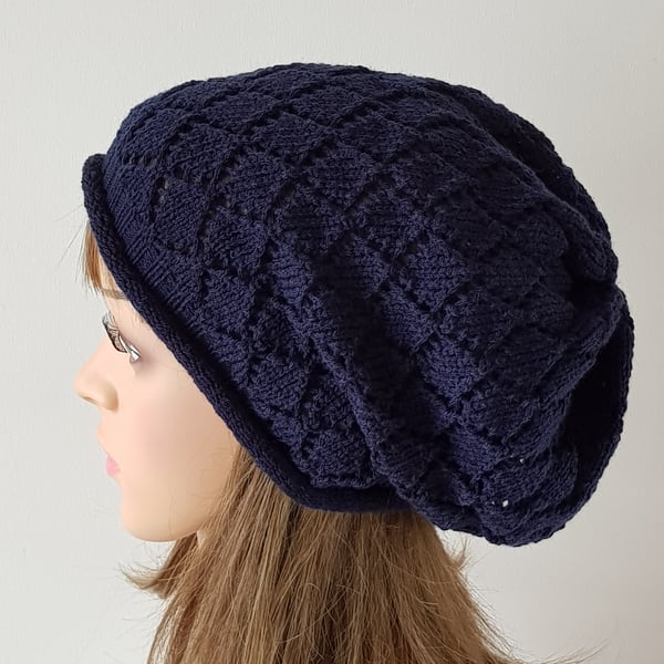 Handmade navy blue beret, fall tam for women, slouchy beanie hat