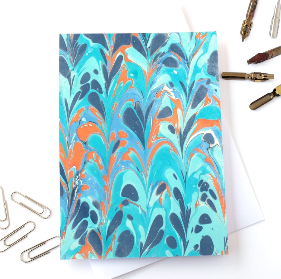 Non pareil metallic copper pattern marbled paper art greetings card