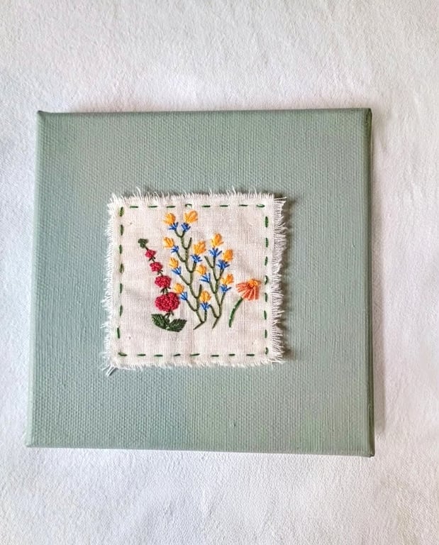 Hand embroidered floral canvas wall hanging, textile art nature wall decor