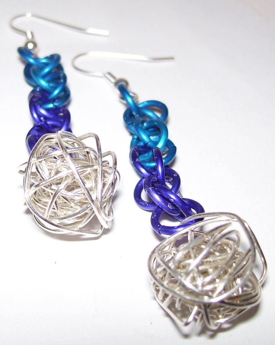 Blue and purple chainmaille earrings with silver wire balls