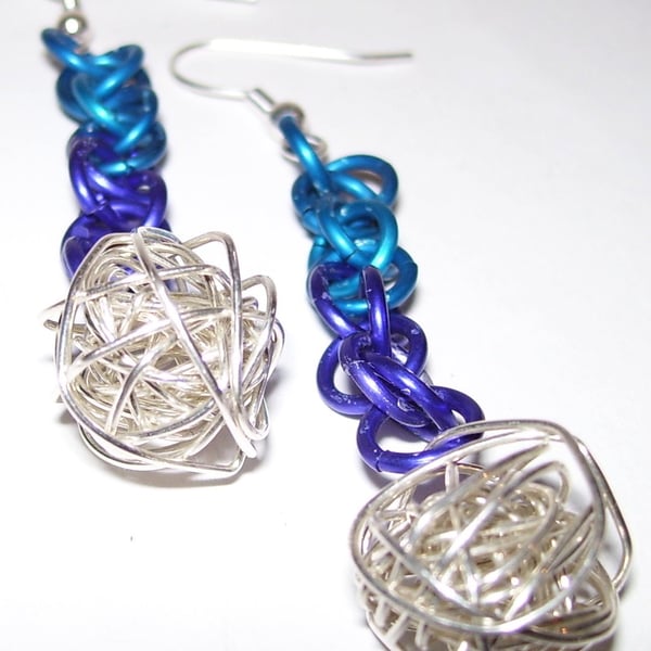 Blue and purple chainmaille earrings with silver wire balls