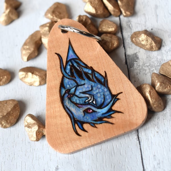 The Water Dragon. Chunky pyrography key ring.