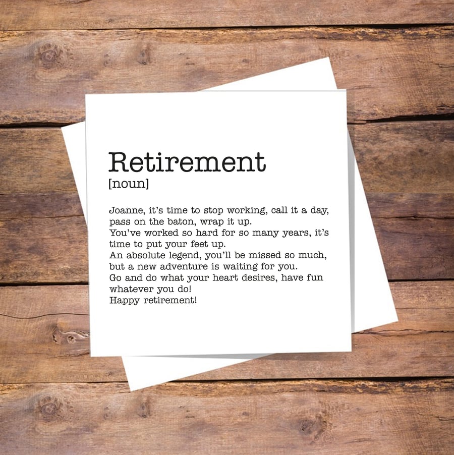 Retirement Definition Card - leaving, miss you, personalised, blank inside