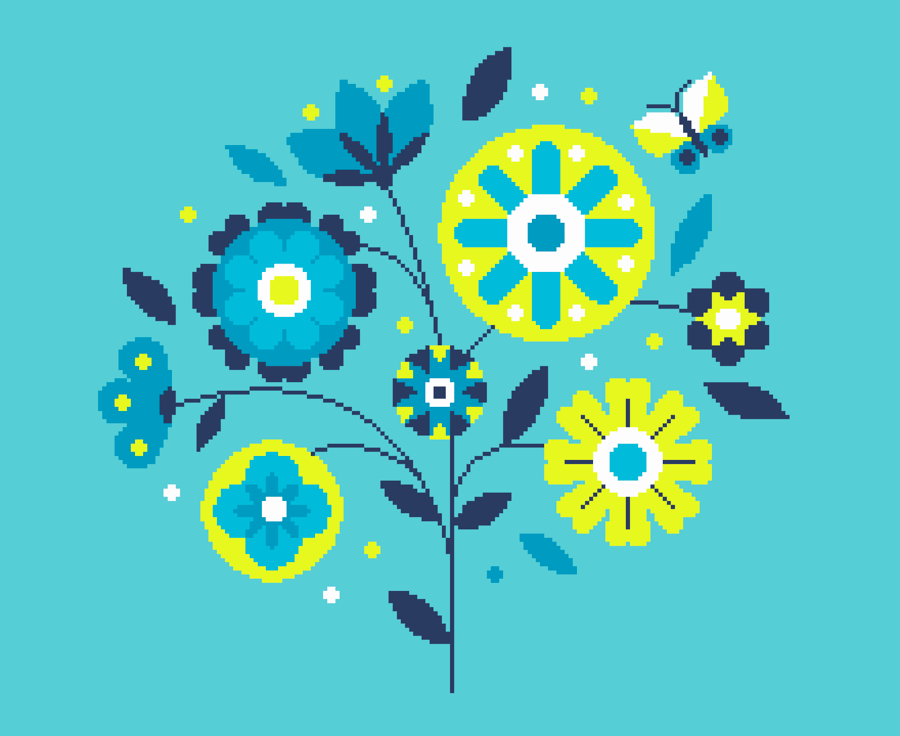 167 Cross stitch pattern Neon blue geometric linear flower bouquet Scandi style