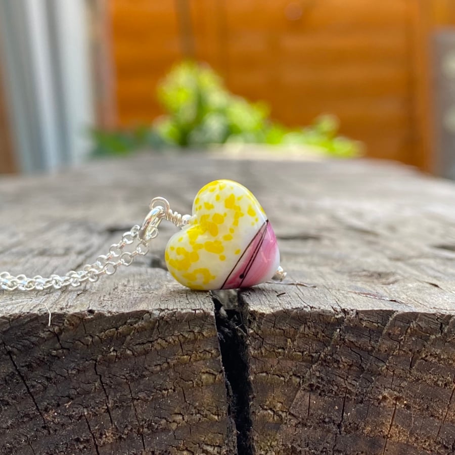 White, yellow & pink glass heart necklace 