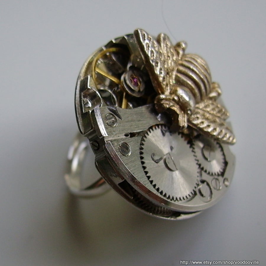 steampunk watch and bee ring