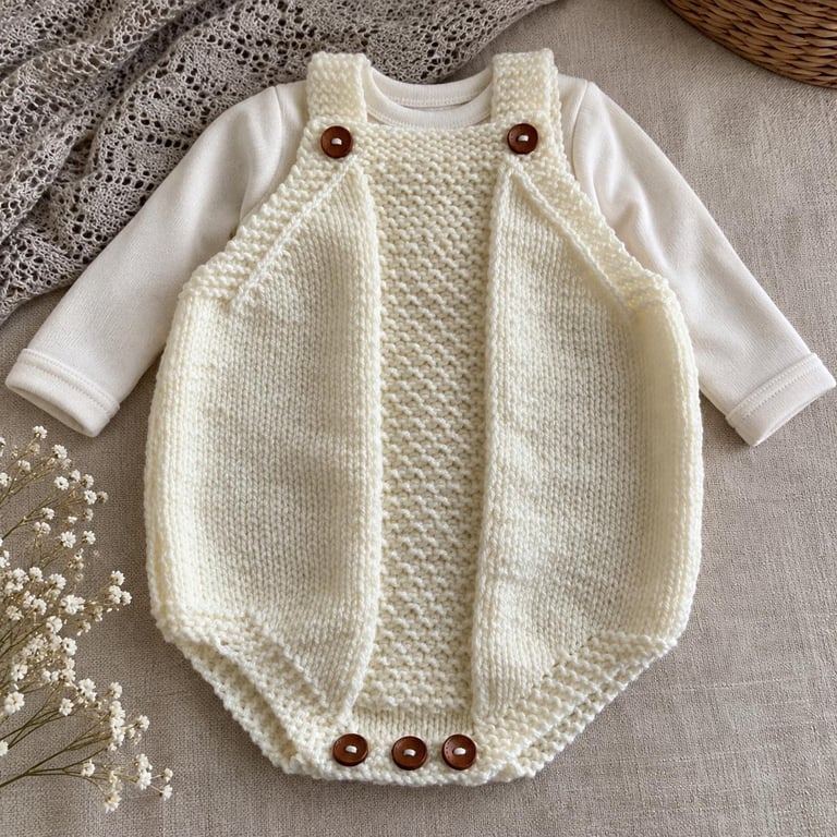 Hand Knitted Baby Romper – Cream Wooden Button Playsuit 3–6 Months