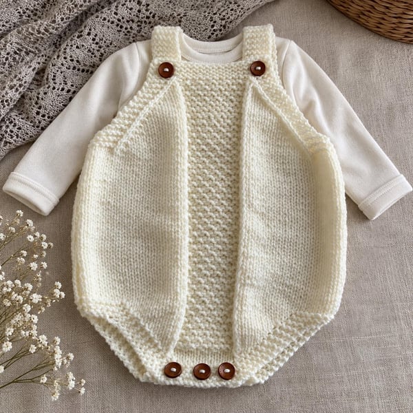 Hand Knitted Baby Romper – Cream Wooden Button Playsuit 3–6 Months