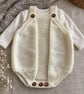 Hand Knitted Baby Romper – Cream Wooden Button Playsuit 3–6 Months