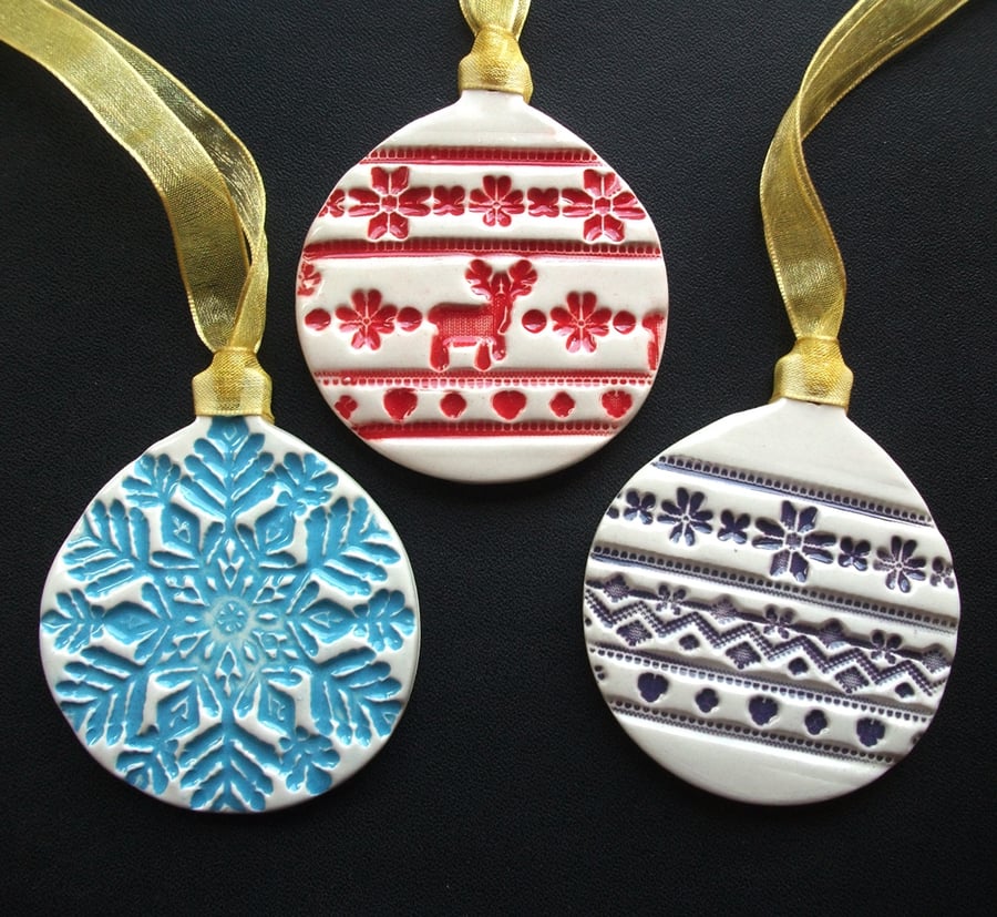 Scandinavian style Ceramic Christmas decorations set of three