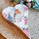 Floral Chunky Wooden Heart Robin