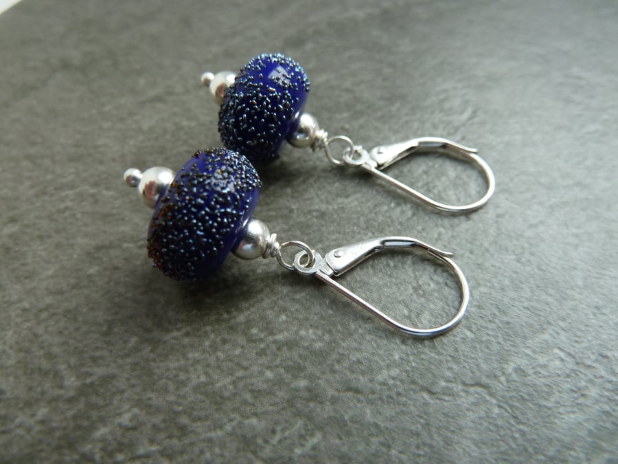 sterling silver lever back earrings, blue lampwork glass