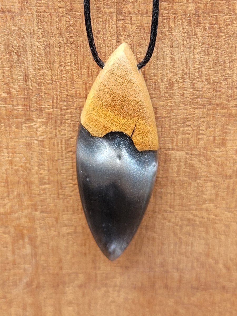 Olive wood and silver black resin pendant - free UK postage
