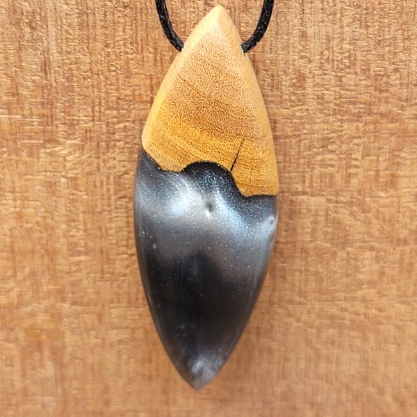 Olive wood and silver black resin pendant - free UK postage