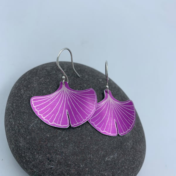 Pink aluminium ginkgo leaf earrings