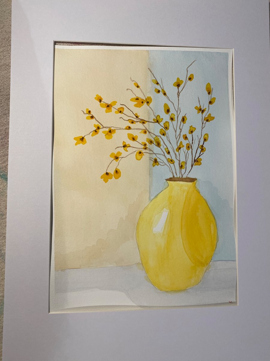 Hand painted watercolour Buds in a Yellow Vase.