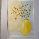 Hand painted watercolour Buds in a Yellow Vase.