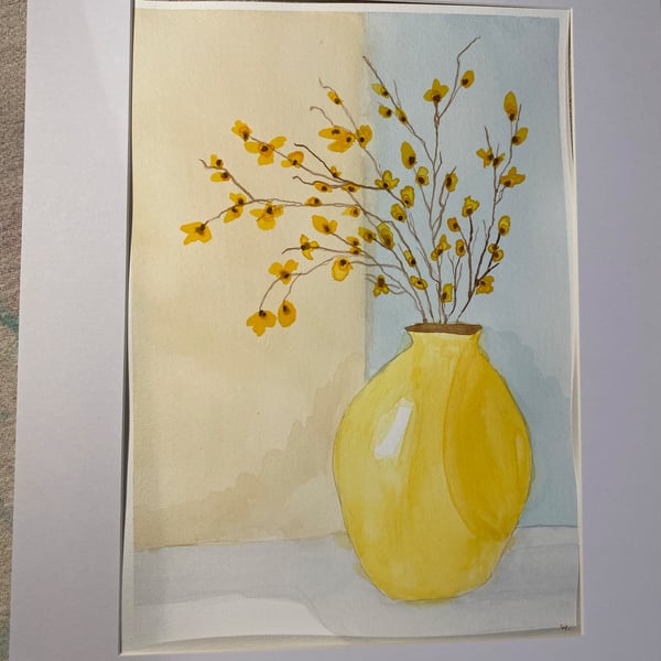 Hand painted watercolour Buds in a Yellow Vase.