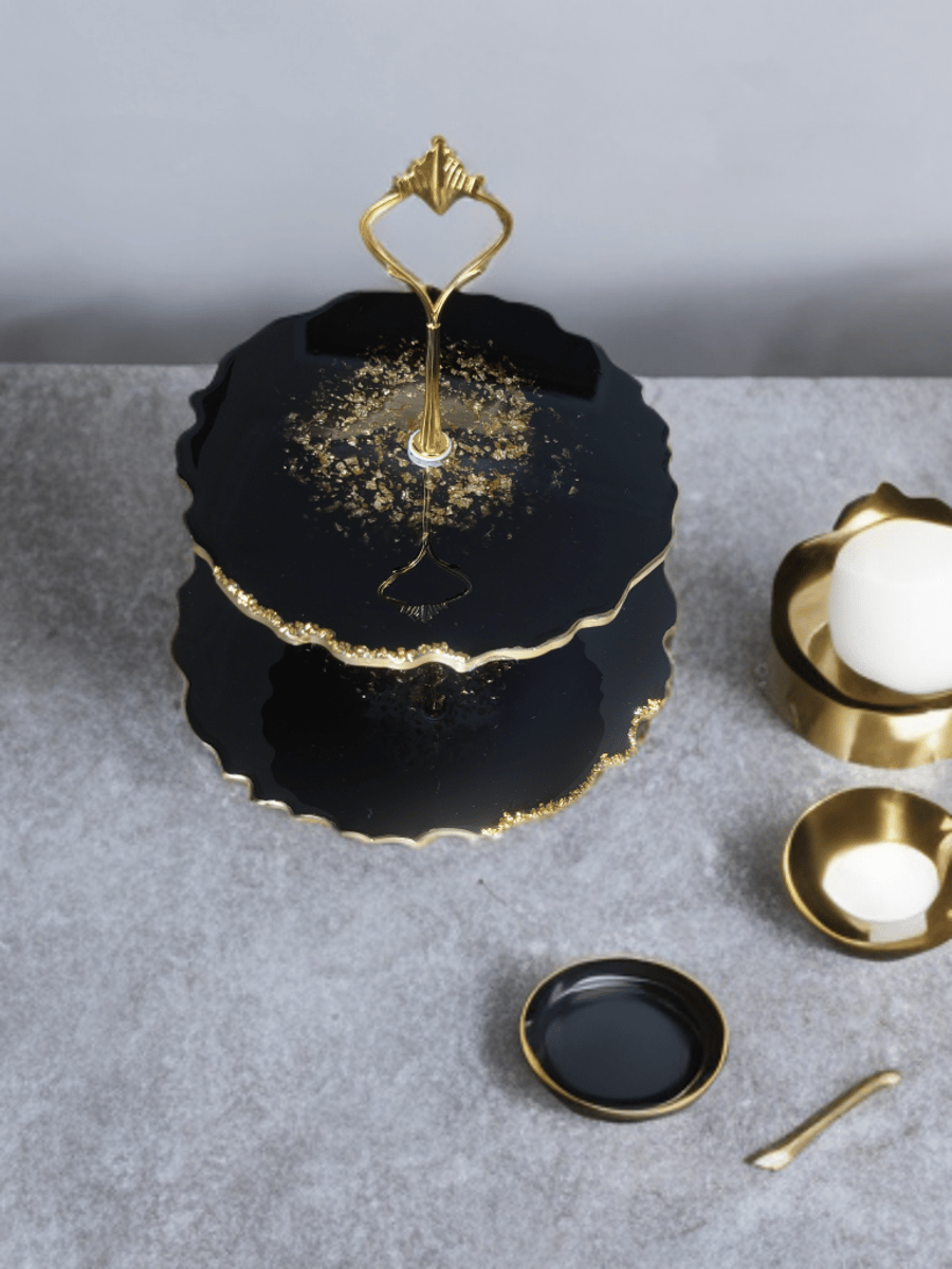 Black Epoxy Resin Tiered Stand with Crystals and Gold Leaf, Handmade Two Tier 