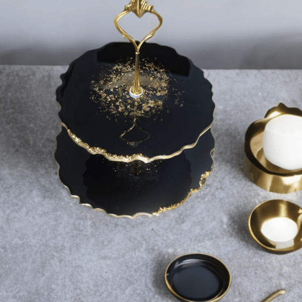 Black Epoxy Resin Tiered Stand with Crystals and Gold Leaf, Handmade Two Tier 