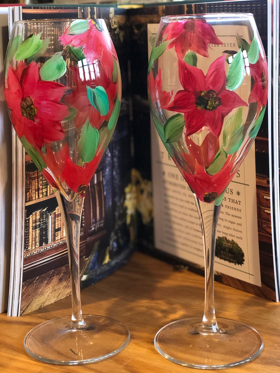 Hand painted Poinsettia wine glasses