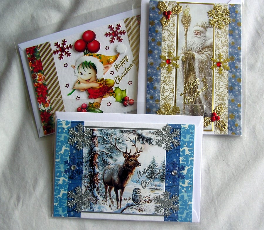 Set of 3 (Three) Beautiful Hand-Crafted Christmas Decoupage Greeting Cards (l)